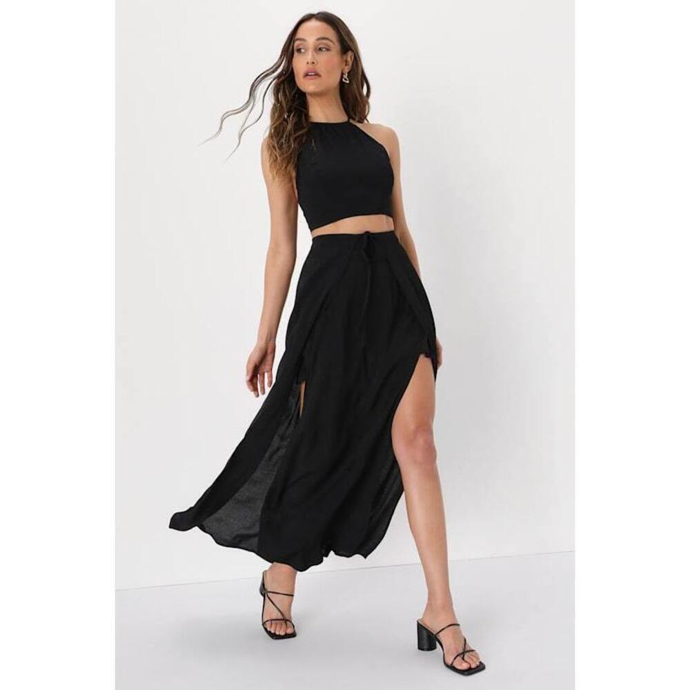 Lulus Run The Summer Black Two-piece Flyaway Halter Maxi Dress - Size M